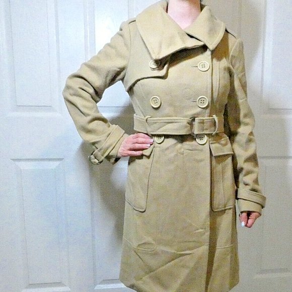 Brown Lambs Wool Trench Coat bebe Winter Warm Classic Double Breasted Women M - Picture 2 of 13